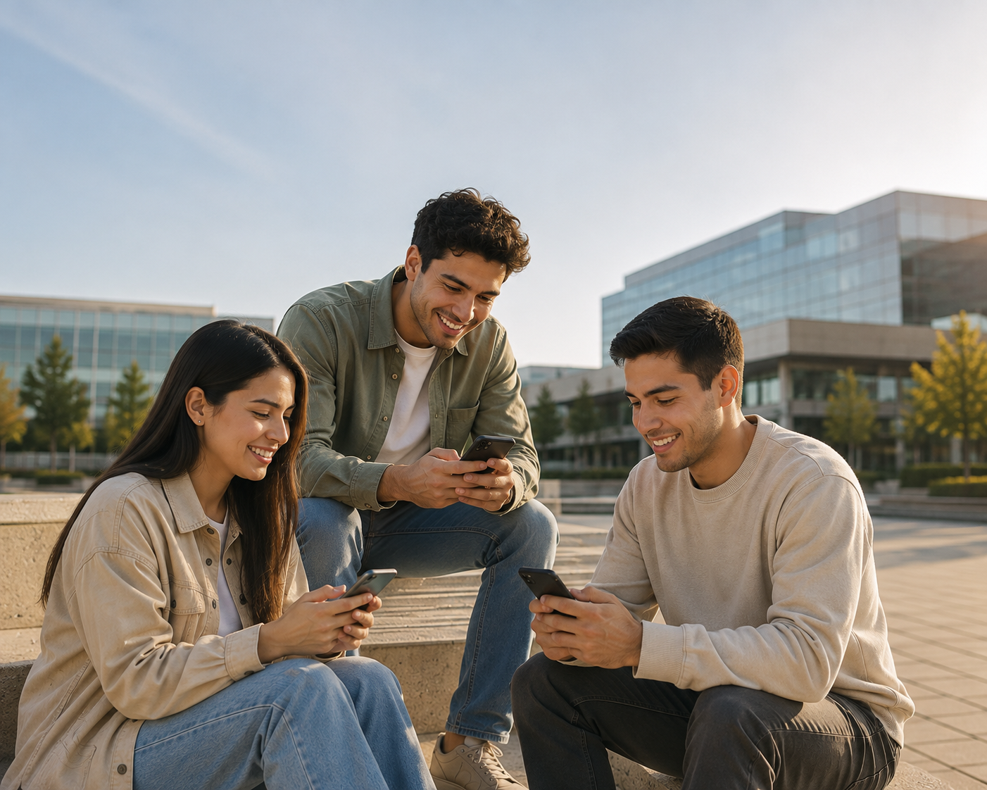 Tres personas sentadas al aire libre, cada una sonriendo mientras mira su teléfono